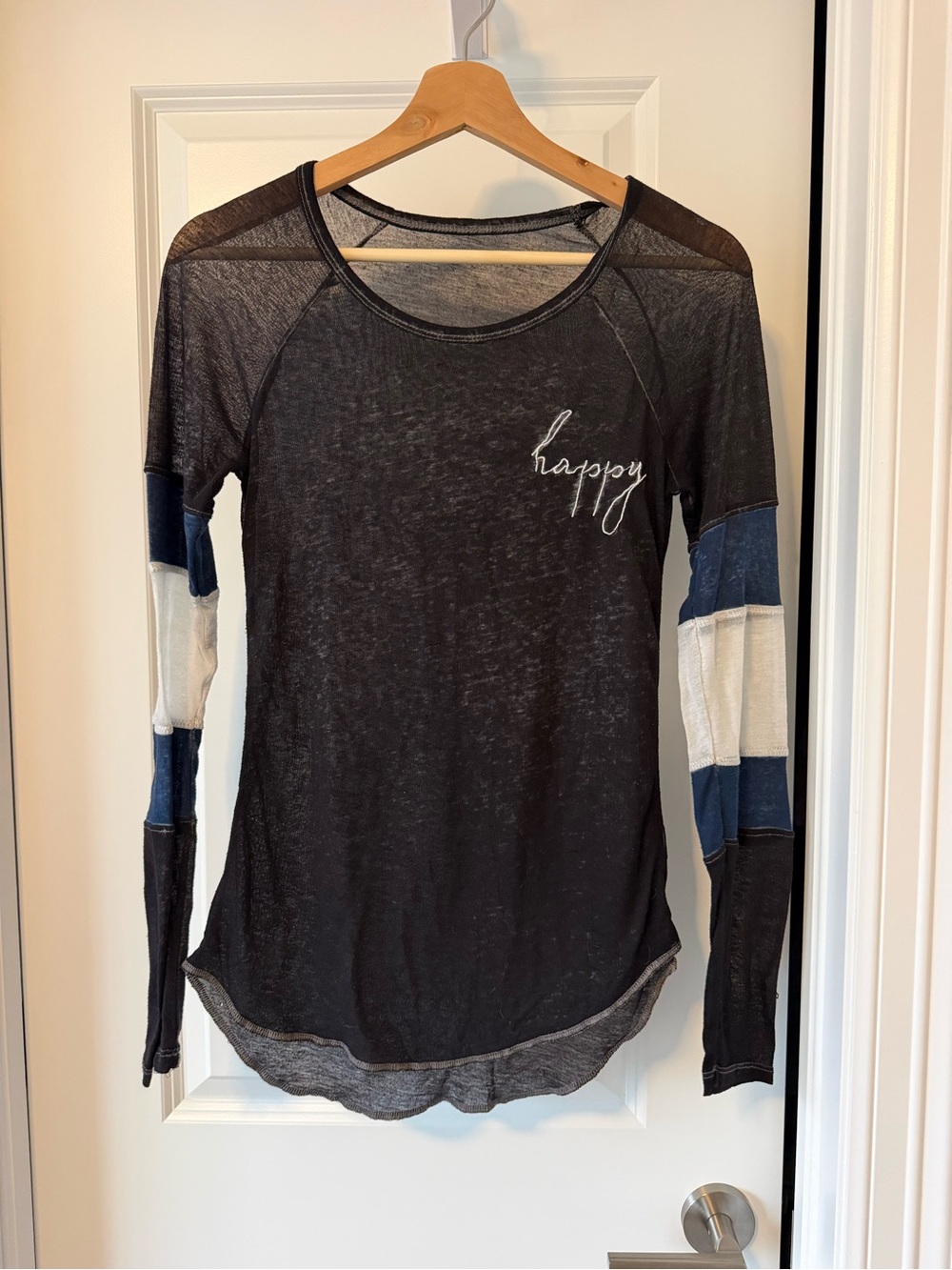 Happy Script Black Long-Sleeve Top with Colorblock Sleeves
